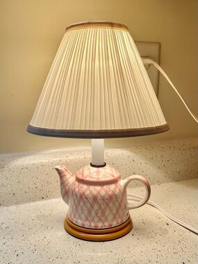 Cottagecore Pastel White and Pink Painted Teapot Table Lamp